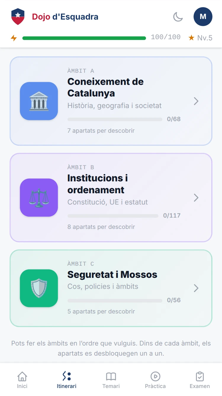 Pantalla principal del Dojo d'Esquadra amb els 3 àmbits del temari