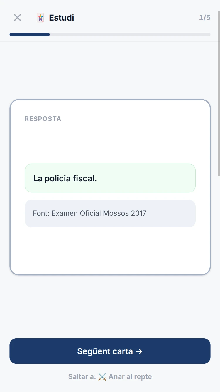 Mateixa carta girada mostrant la resposta correcta destacada en verd