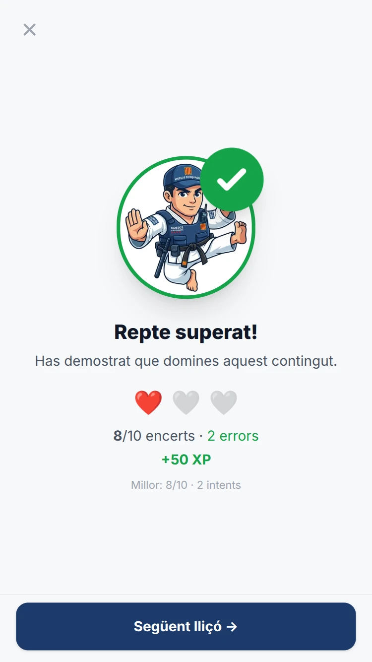 Pantalla de resultat del repte amb el personatge i tick verd
