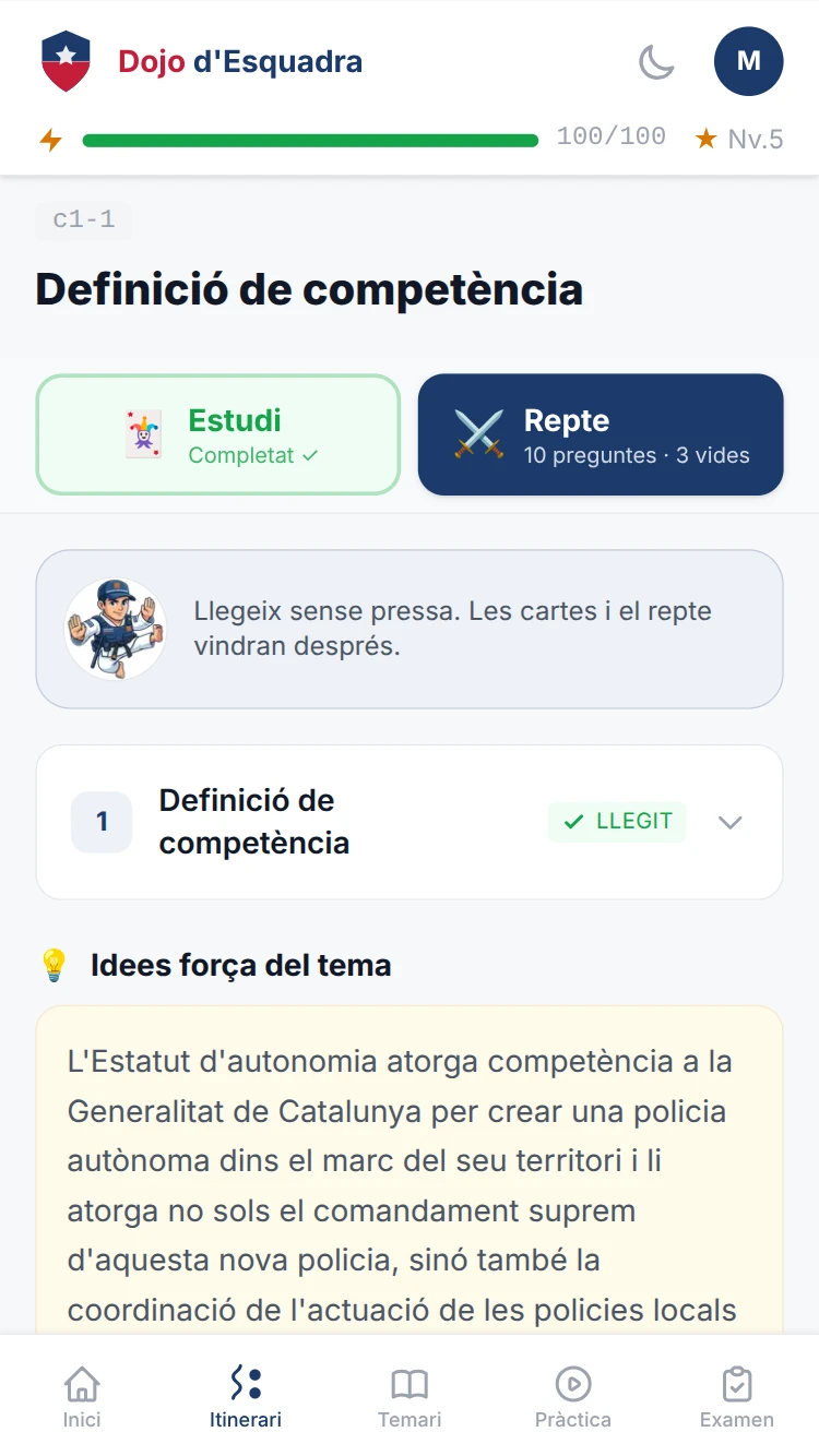 Pàgina d'una lliçó amb la barra superior fixa que mostra Estudi i Repte